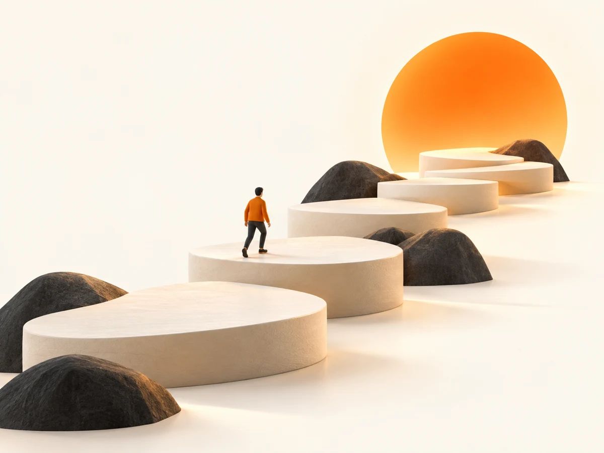Uma pessoa construindo um caminho em direção a um novo horizonte