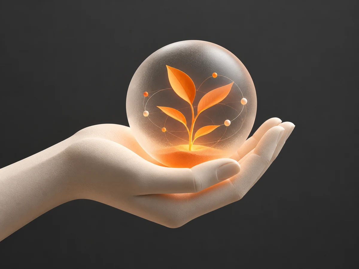 Uma mão acolhe uma esfera de vidro com uma planta, representando desenvolvimento humano